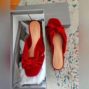 Halston Heritage Red Velvet Knot Slide Mules